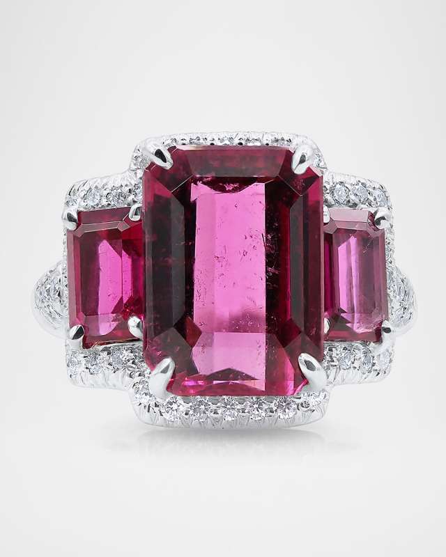 Platinum Diamond and Rubellite Statement Ring, Size 6.25
